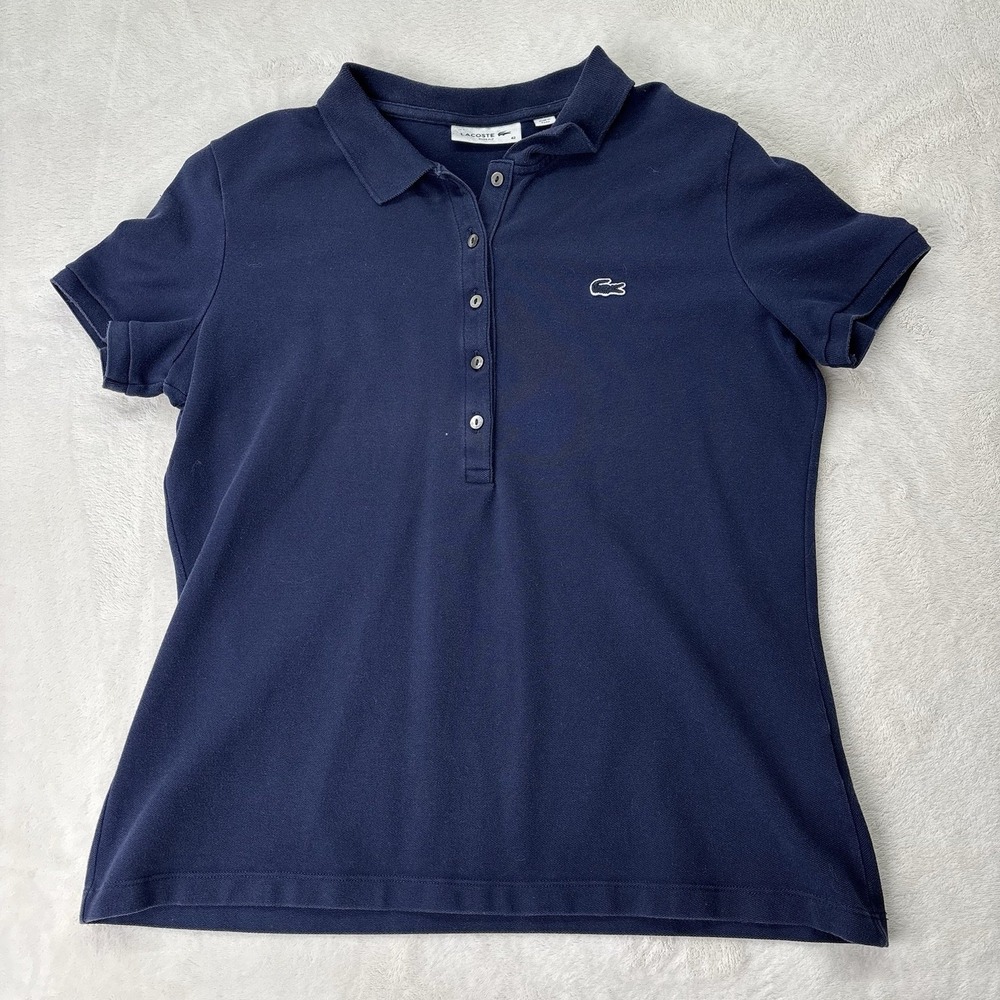 Lacoste Slim Fit Women's‎ Polo Shirt Navy Blue Size 42 Short Sleeve Classic Croc